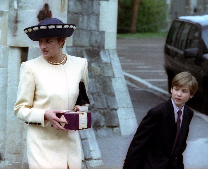 Priness of Wales and eldest son Prince William wait for Prince Harry after attending annual Easter Sunday church service at Windsor Castle
