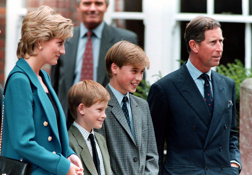 The Prince and Princess of Wales, and Prince Harry smile to photographers with Prince William (2R), ..