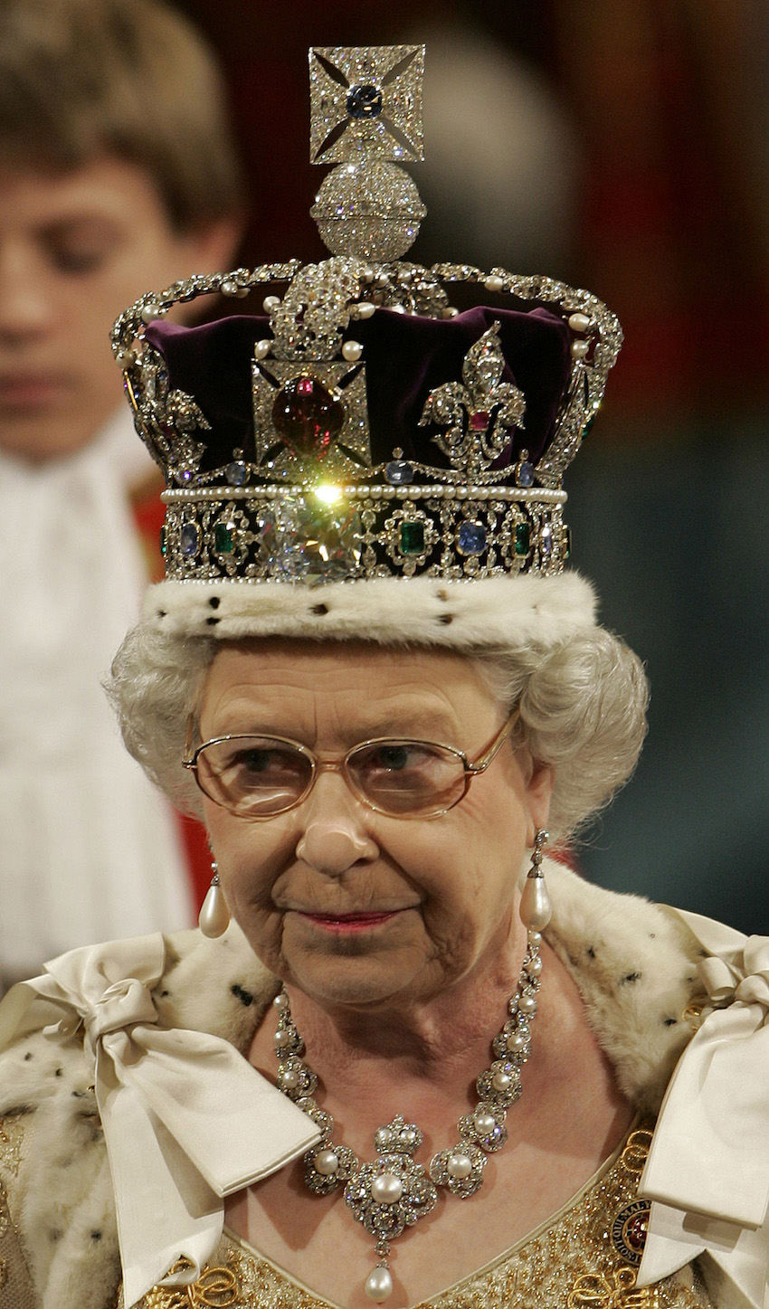 Light catches a diamond on the State Crown worn by Britain's Queen Elizabeth during State Opening of ...