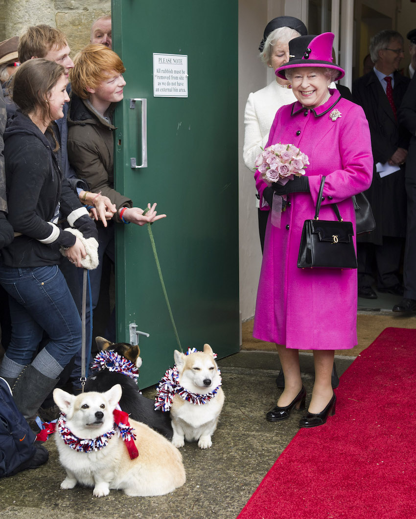 Britain's Queen Elizabeth approaches woman holding Corgi dogs as she attends the Mad Hatter's Tea Party at Sherborne Abbey in Sherbourne, Dorset