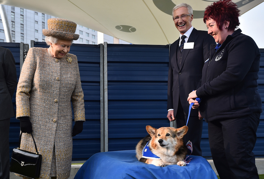 Britain's Queen Elizabeth looks at a Corgi dog as television presenter Paul O'Grady smiles during the Queen's visit to Battersea Dogs & Cats Home in London