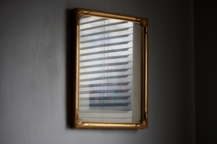 mini, blind, reflected, picture, frame, glass