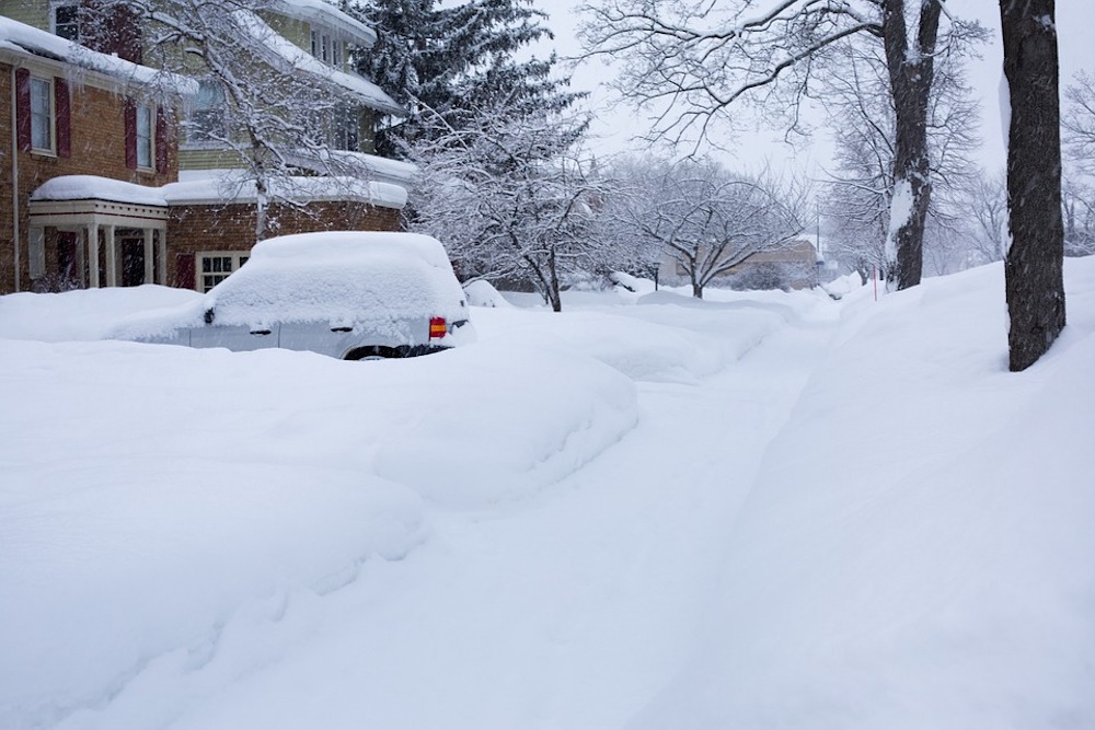 Car Covered Winter Michigan Snowy Street Deep Snow