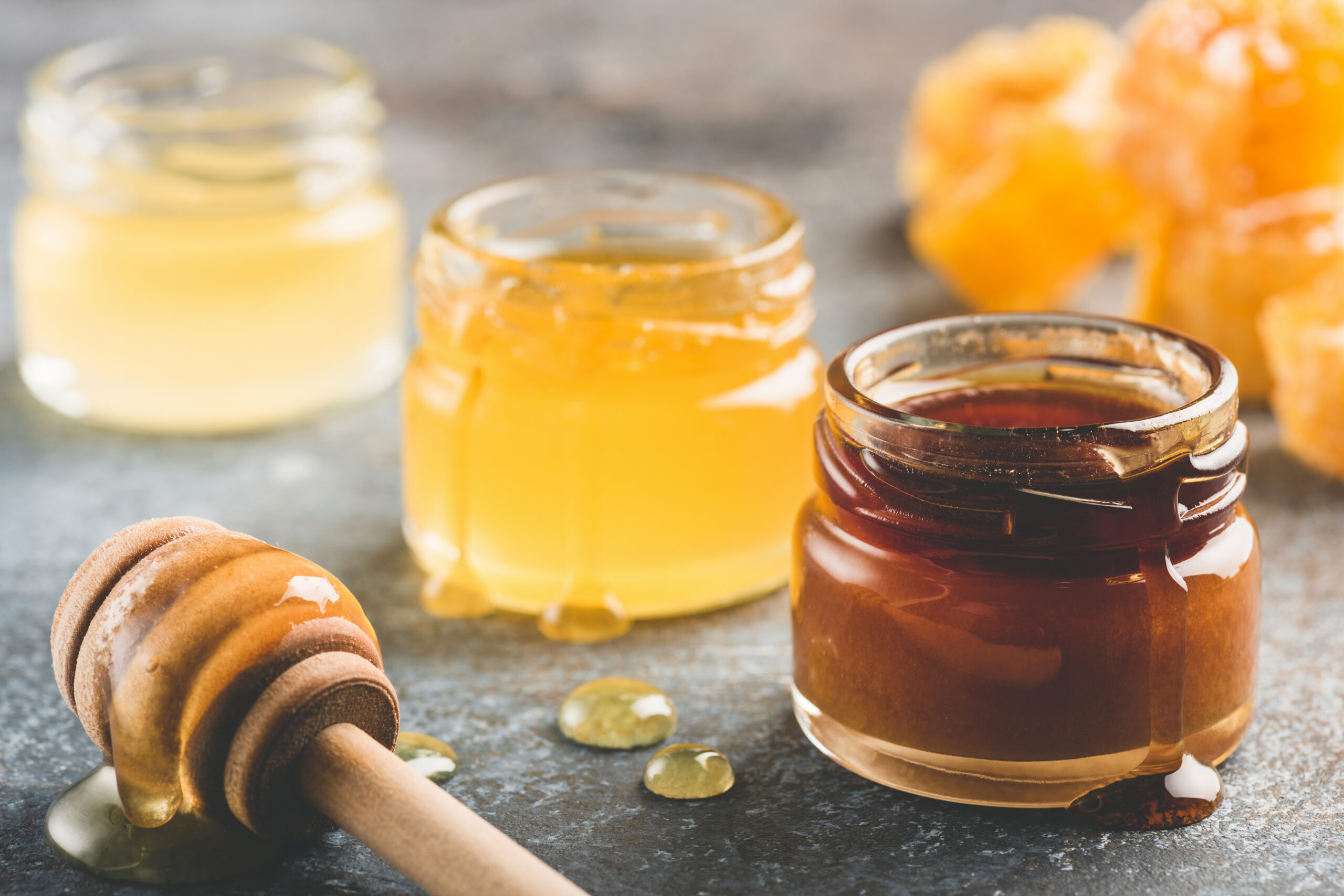 Selection of honey in small honey jars