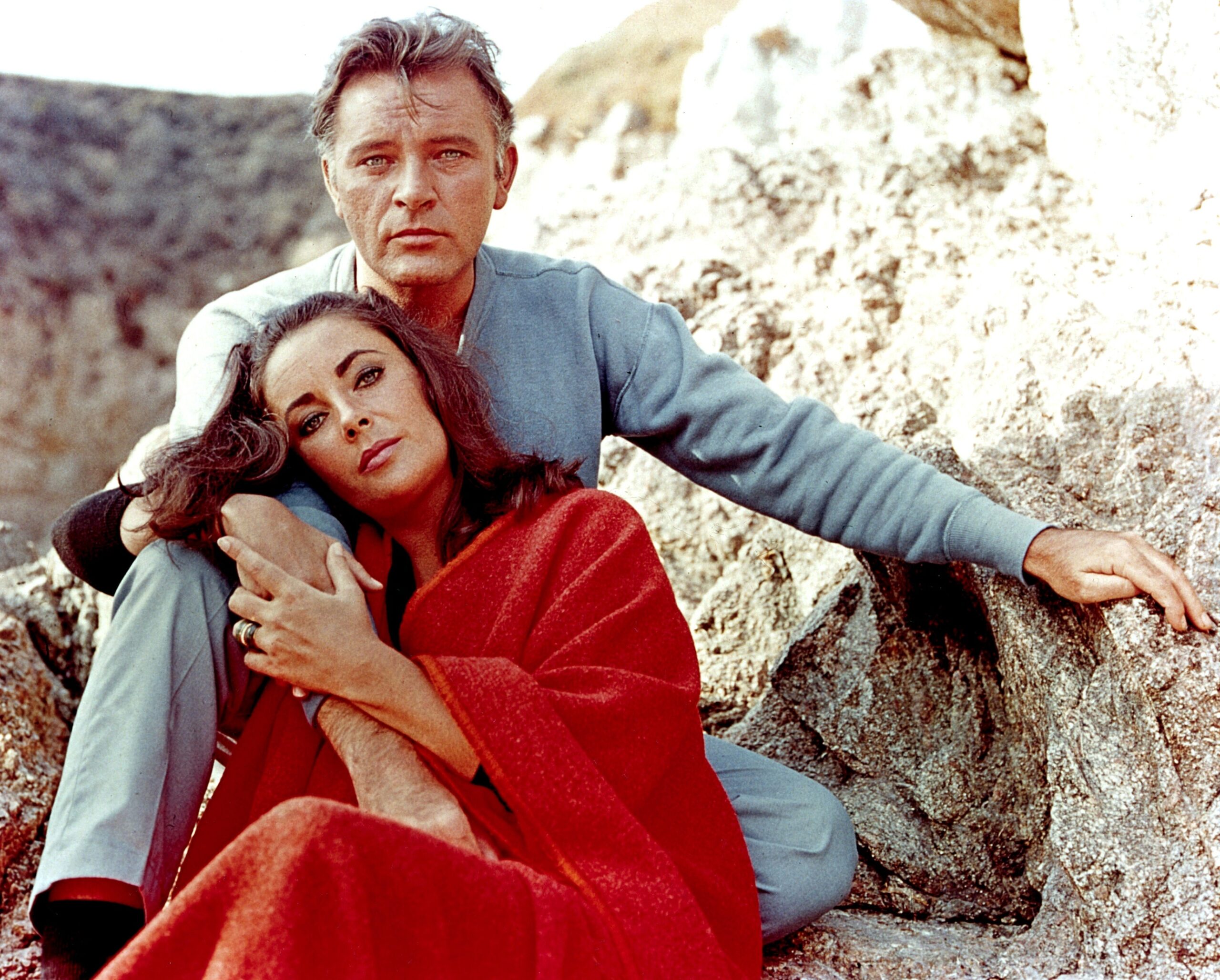 Elizabeth Taylor and Richard Burton on the film set of "The Sandpiper"