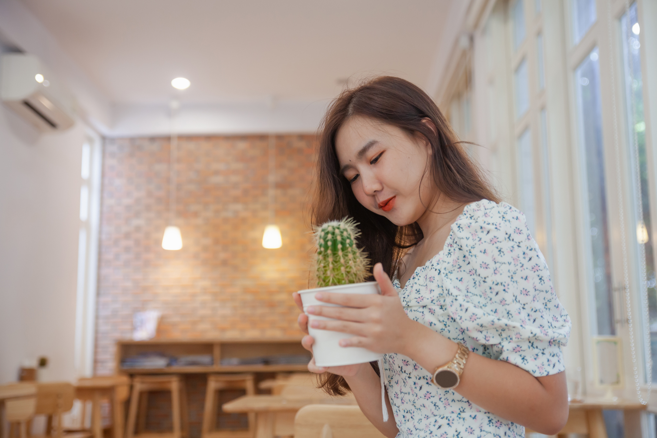 Asian woman holding cactus pot at coffee cafe .