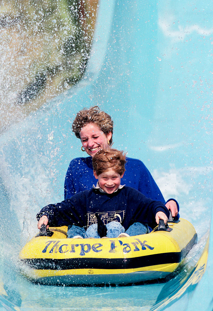 Diana, Princess of Wales, with Prince William, and Prince Harry, at Thorpe Park