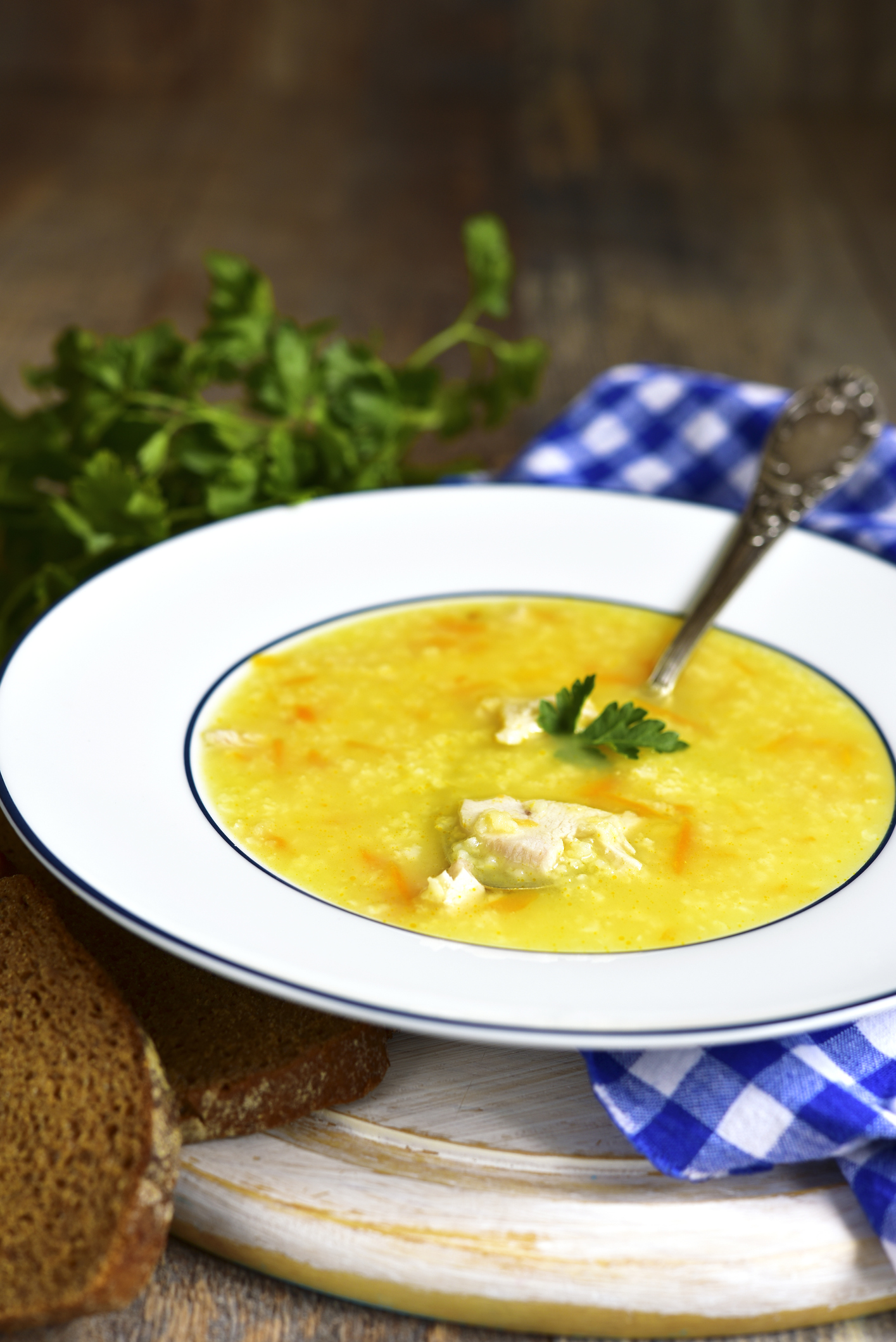 Millet soup with chicken and fried vegetable.