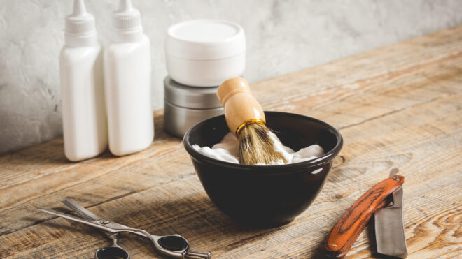 Wooden desktop with tools for shaving