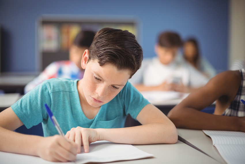 Attentive schoolboy studying in classroom