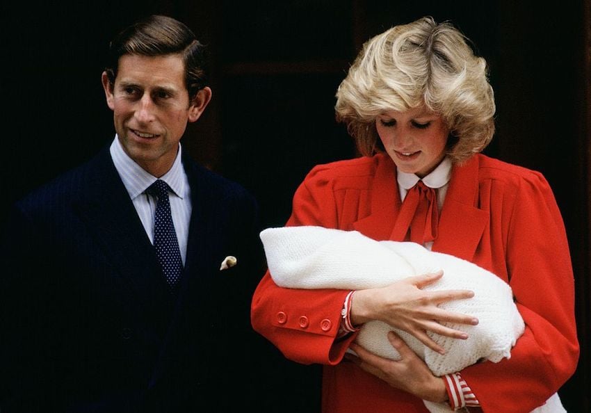 Diana, Princess of Wales holds Prince Harry as she and Princ