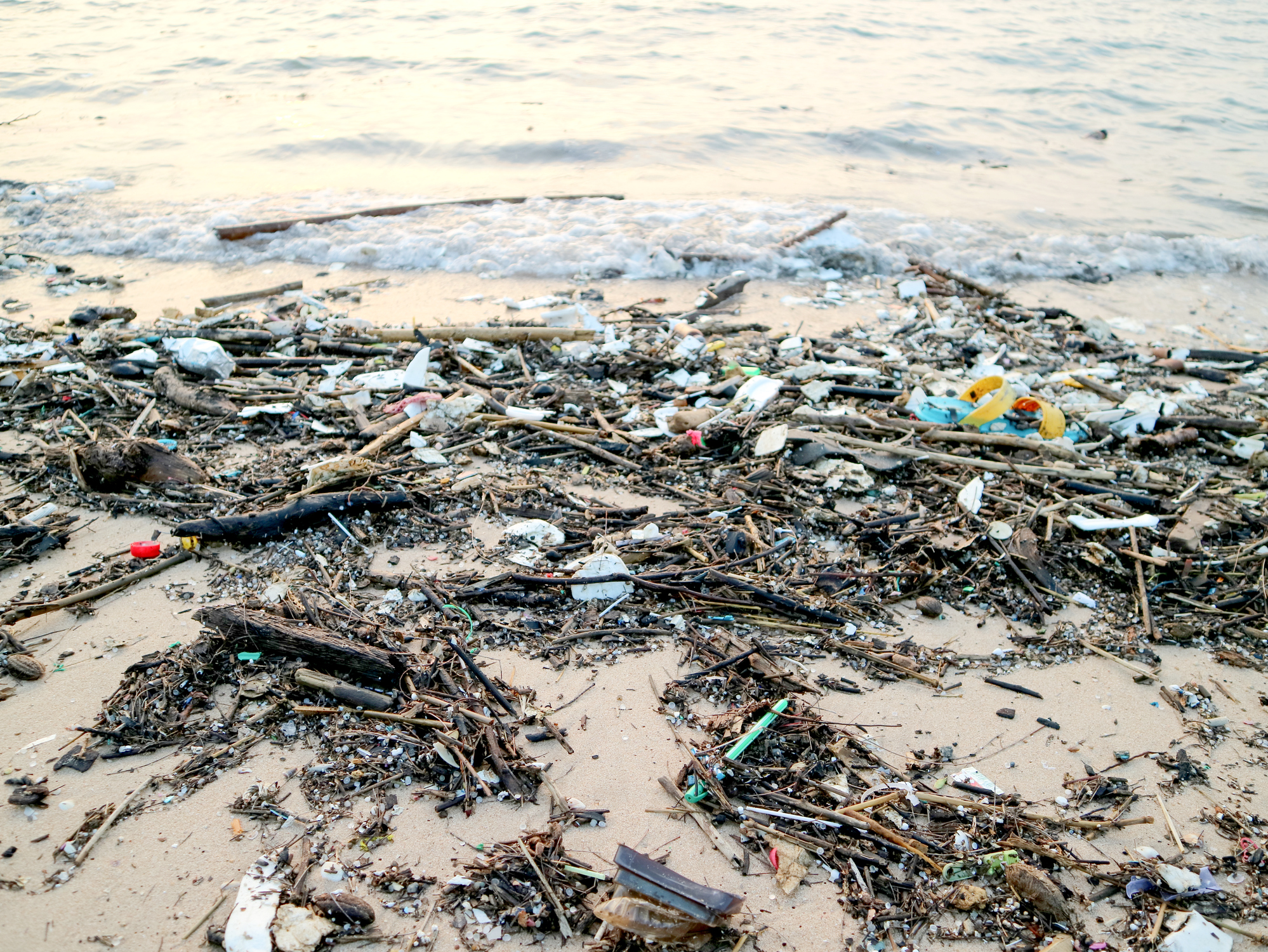 rubber foam plastic and waste pollution on beach