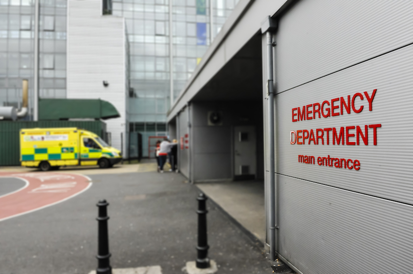 Ambulance outside a hospital Accident and Emergency department.