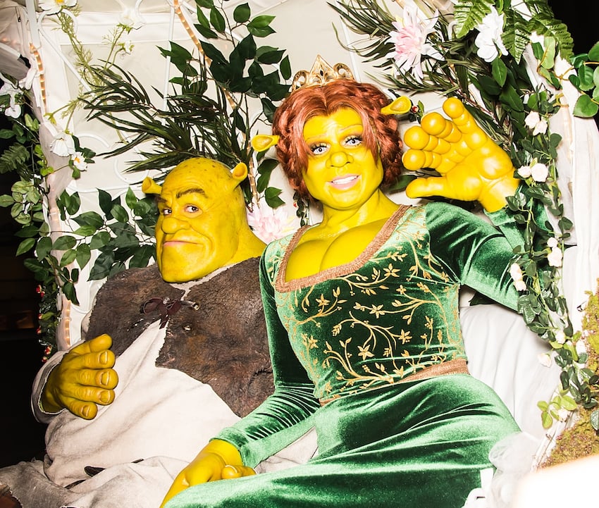 Heidi Klum and boyfriend Tom Kaulitz in Fiona and Shrek costumes are seen at Heidi Klum's 19th Annual Halloween Party in New York City. Heidi Klum and boyfriend Tom Kaulitz in Fiona and Shrek costumes are seen at Heidi Klum's 19th Annual Halloween Party in New York City.