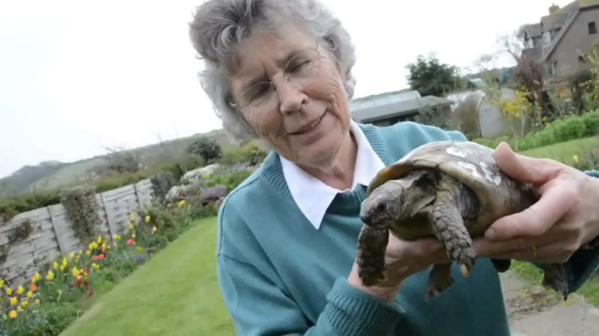 woman and tortoise reuinted