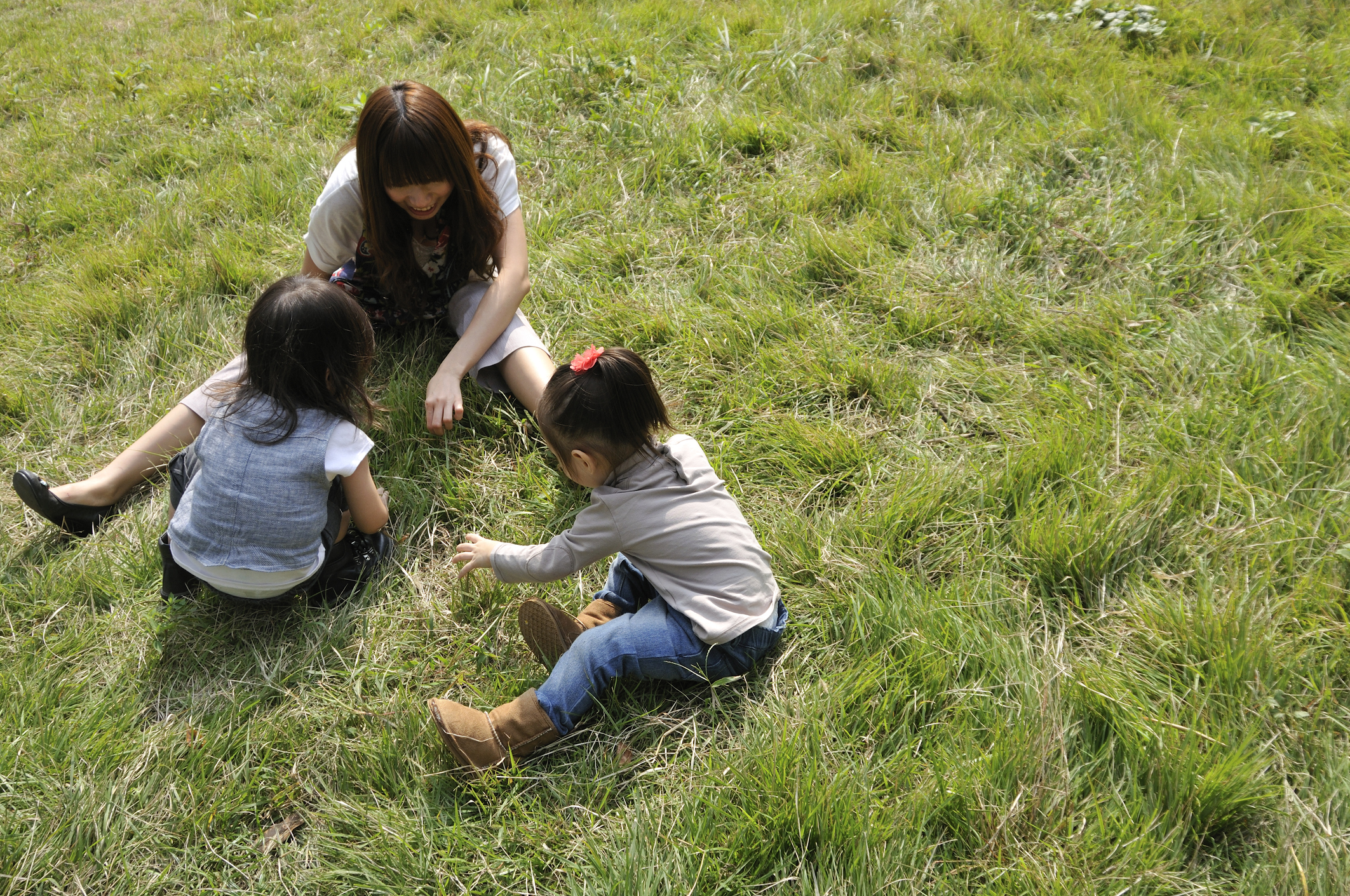 Mother and Children Playing on Grass Mother and Children Playing on Grass