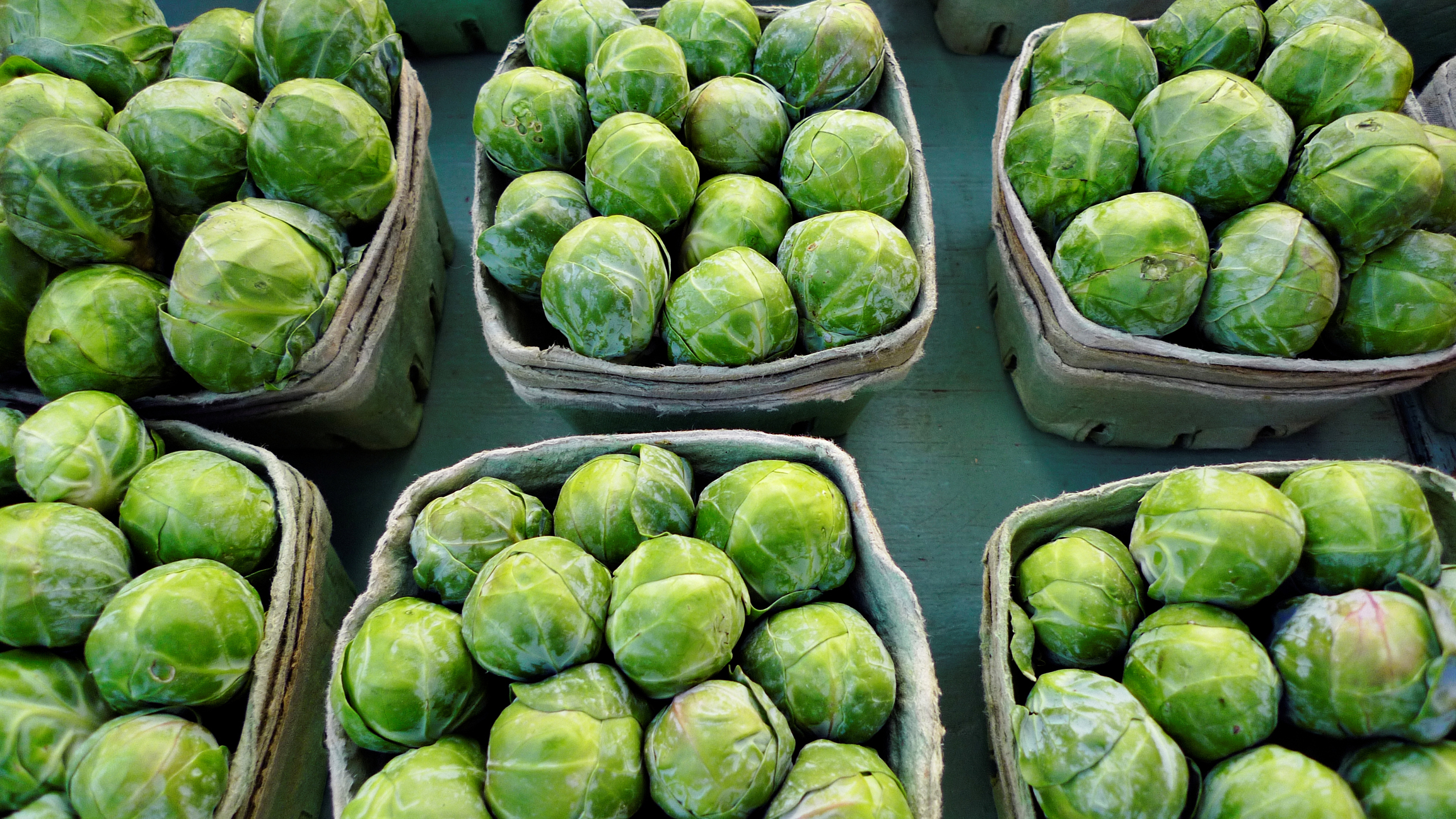 Freshly grown brussel sprouts on display at a farmer's market.