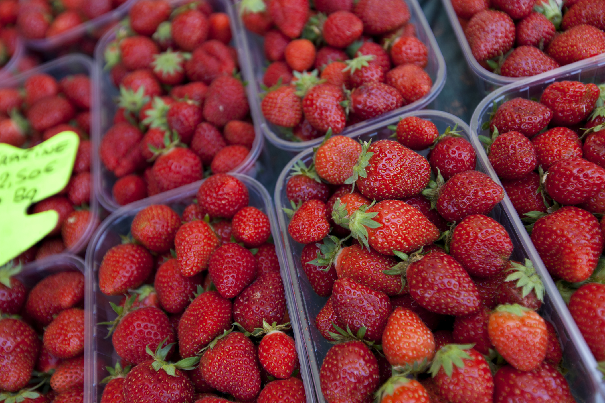 Close-up of fresh strawberries on display in store