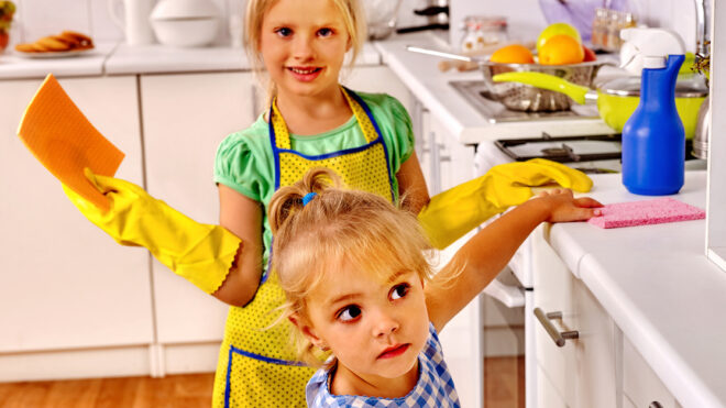 Children washing at kitchen