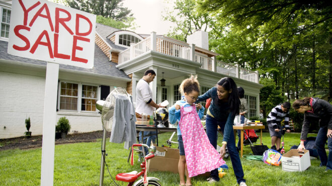 Wide view of suburban yard sale