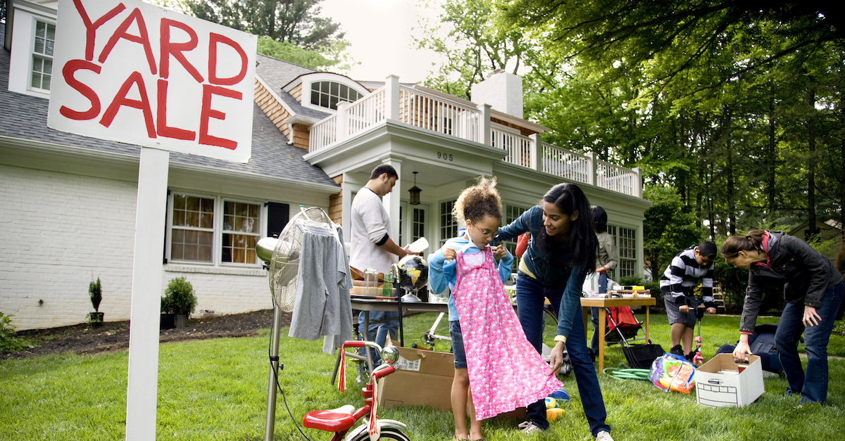 Wide view of suburban yard sale