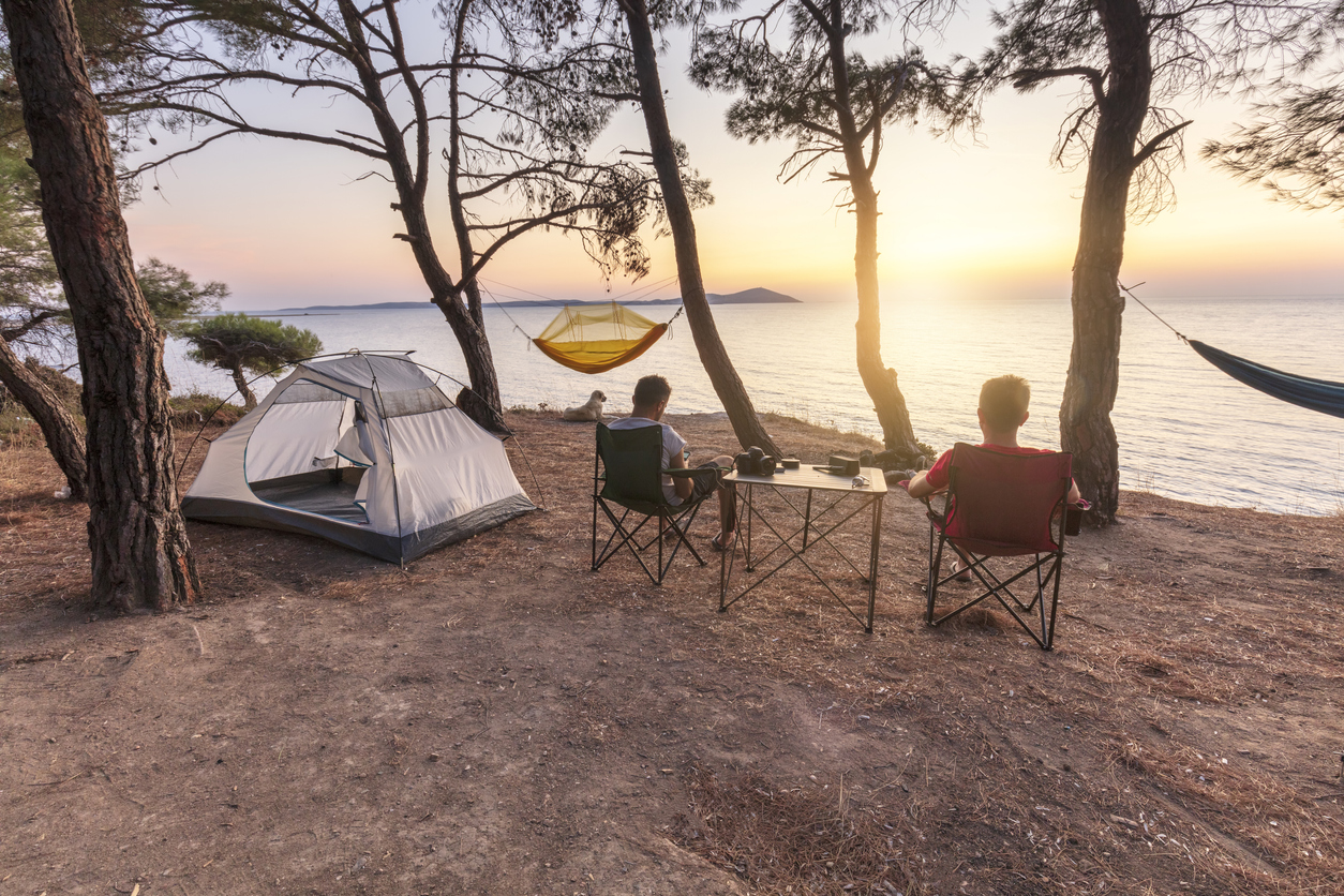 two male friends and a dog watching the sunset during camping weekend activity