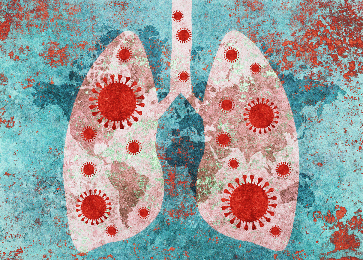 Coronavirus and lungs with world map in the background