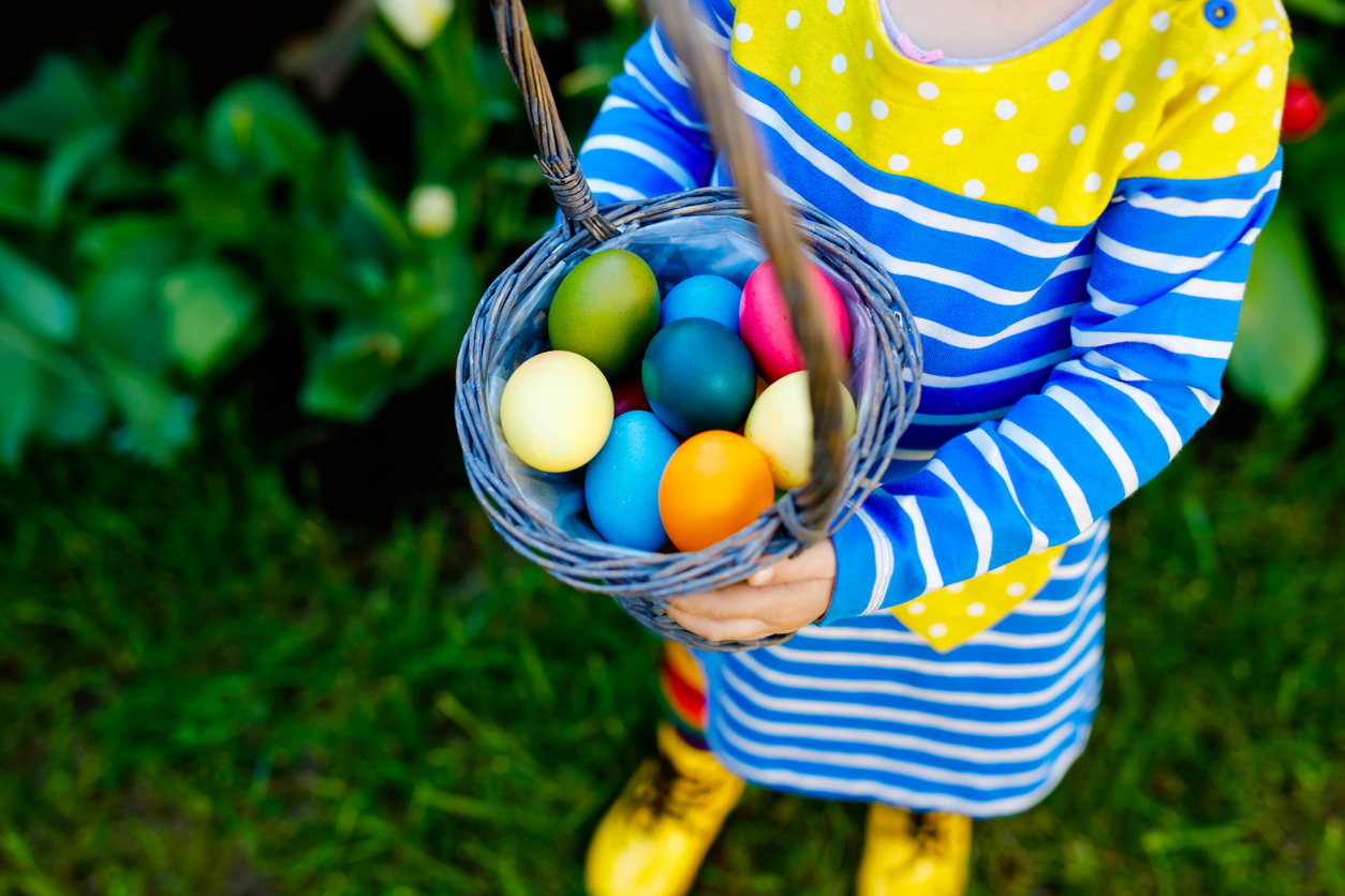 Close-up of of hands of toddler holding basket with colored eggs. Child having fun with traditional Easter eggs hunt, outdoors. Celebration of christian holiday