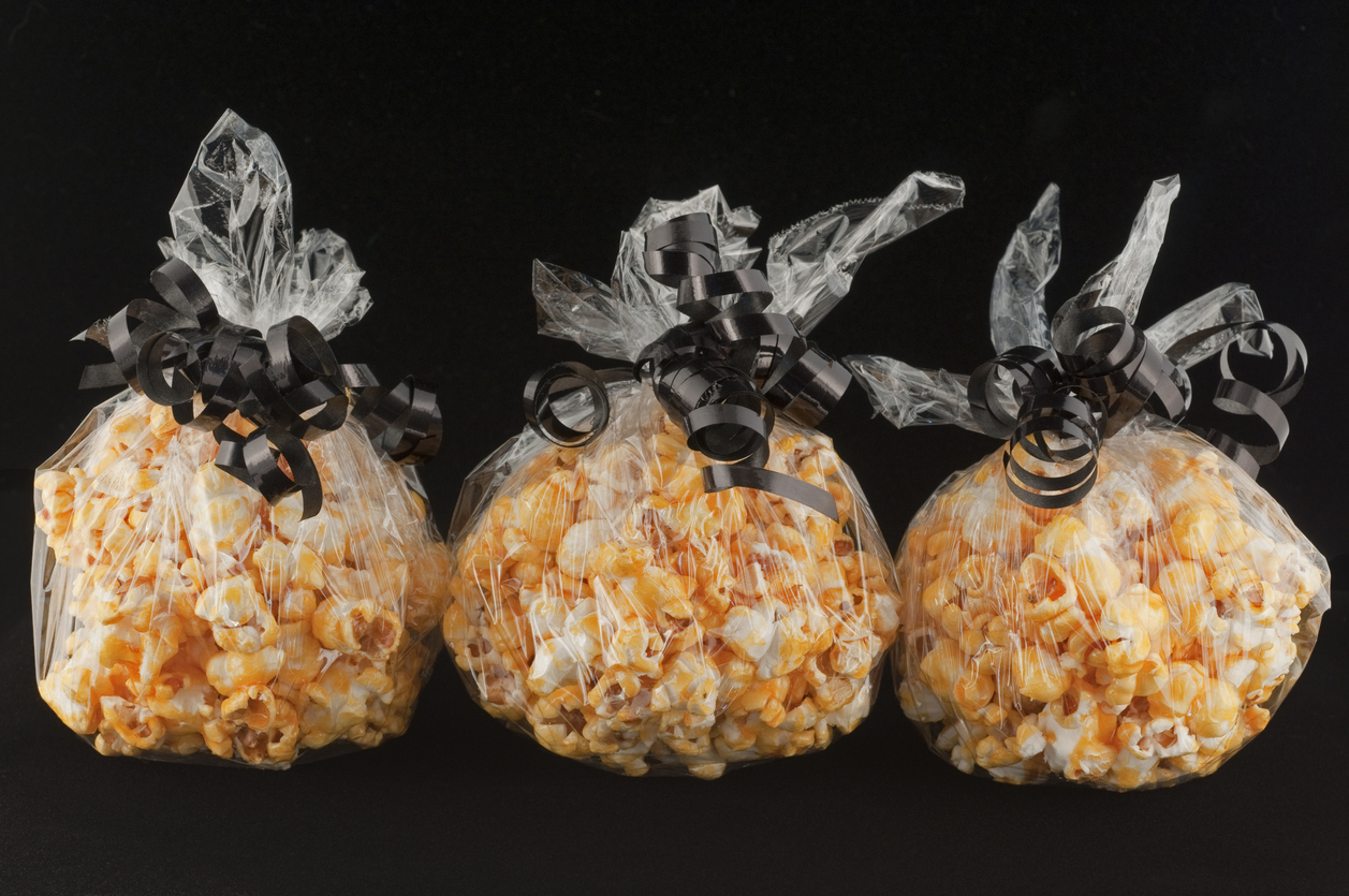 popcorn balls wrapped for Halloween treats