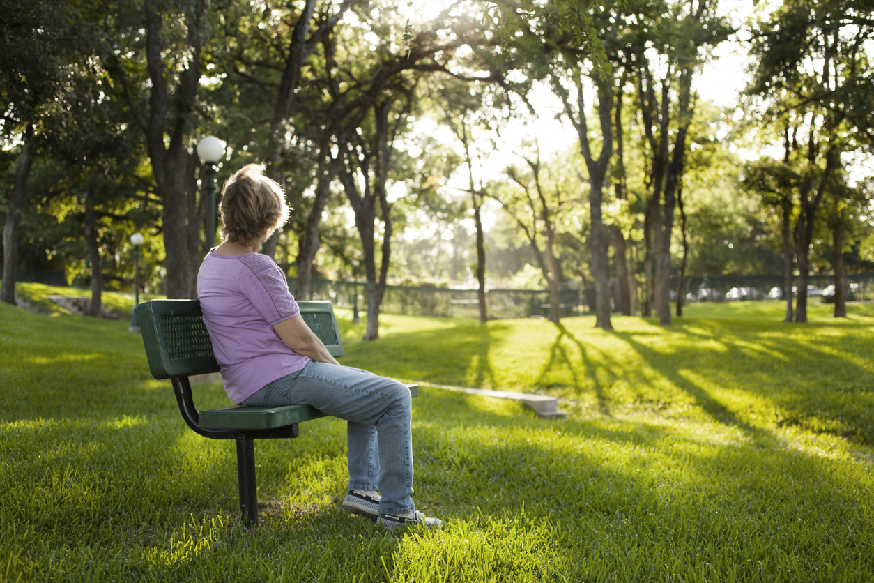 Rear view of mature woman sitting on park bench. Summer.