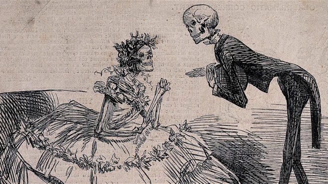 V0042226 Two skeletons dressed as lady and gentleman. Etching