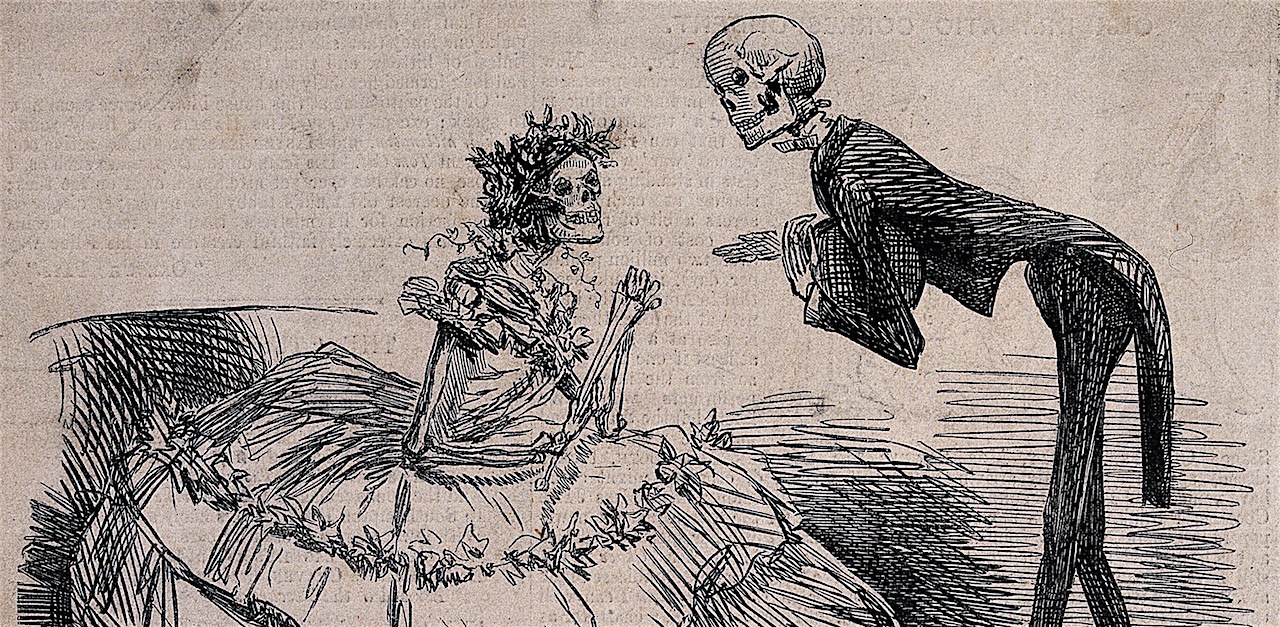 V0042226 Two skeletons dressed as lady and gentleman. Etching