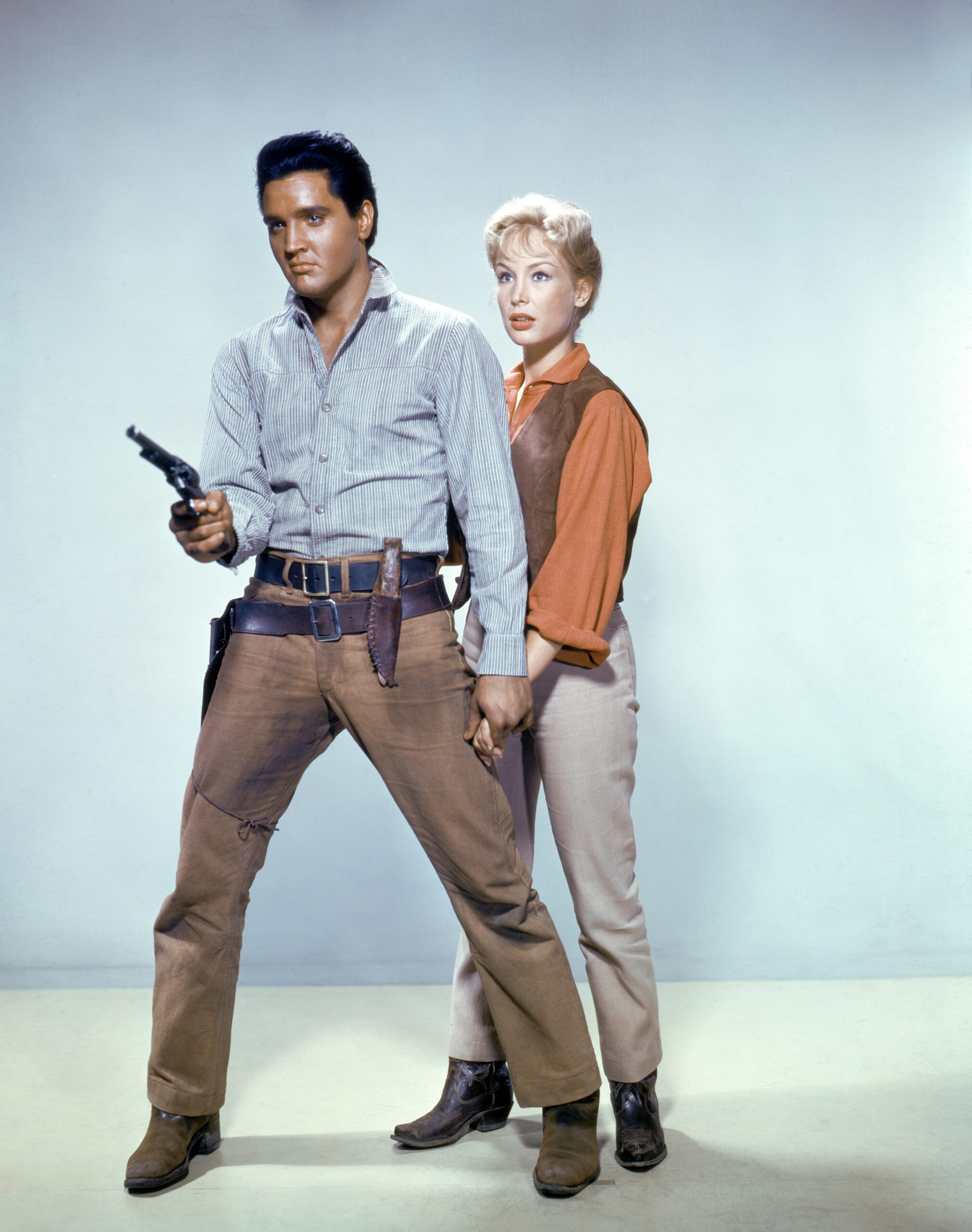 Elvis Presley and Barbara Eden promoting Flaming Star