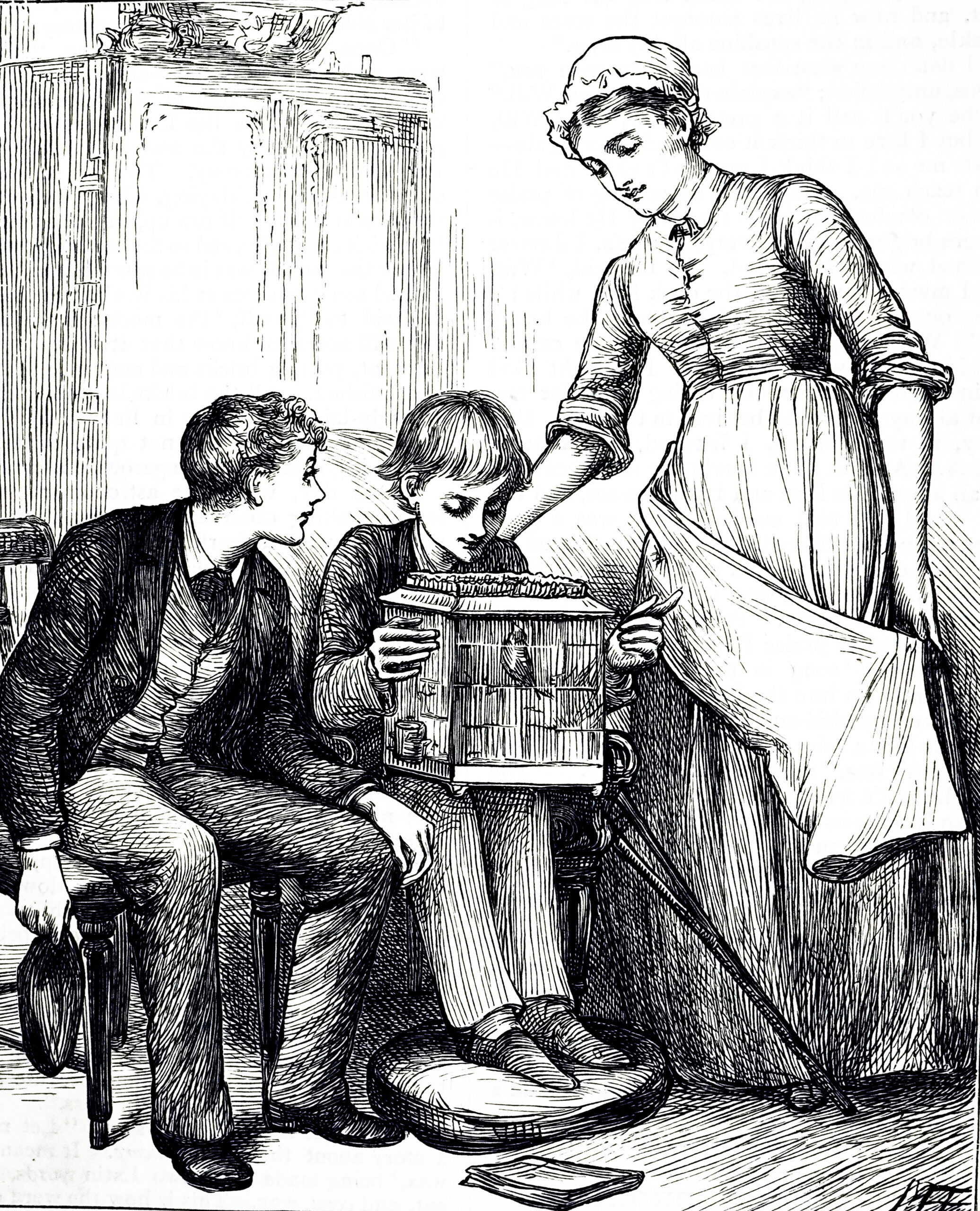 A maid watching over the boy who is playing with his pet canary.