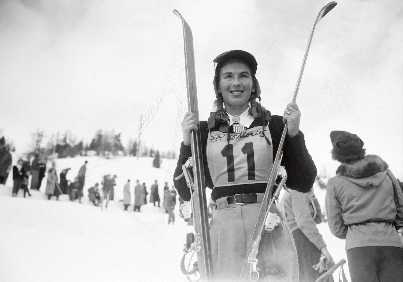 Portrait of Gretchen Frazer Holding Her Skis