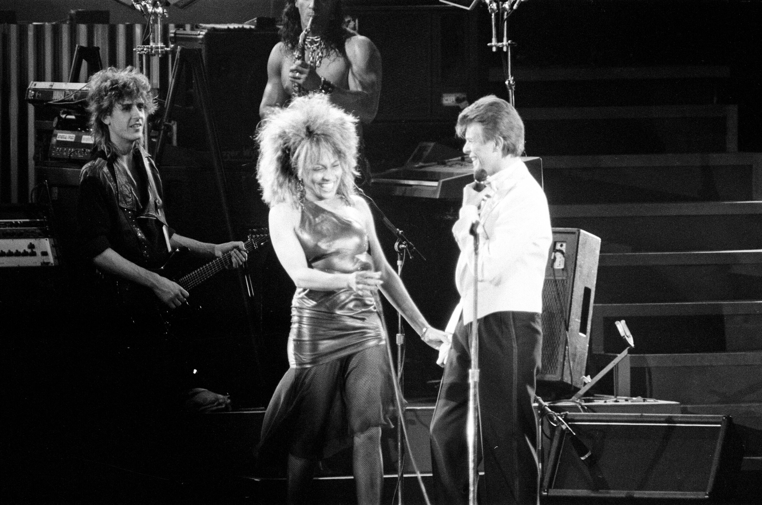 David Bowie and Tina Turner on stage together at the Birminghan NEC.