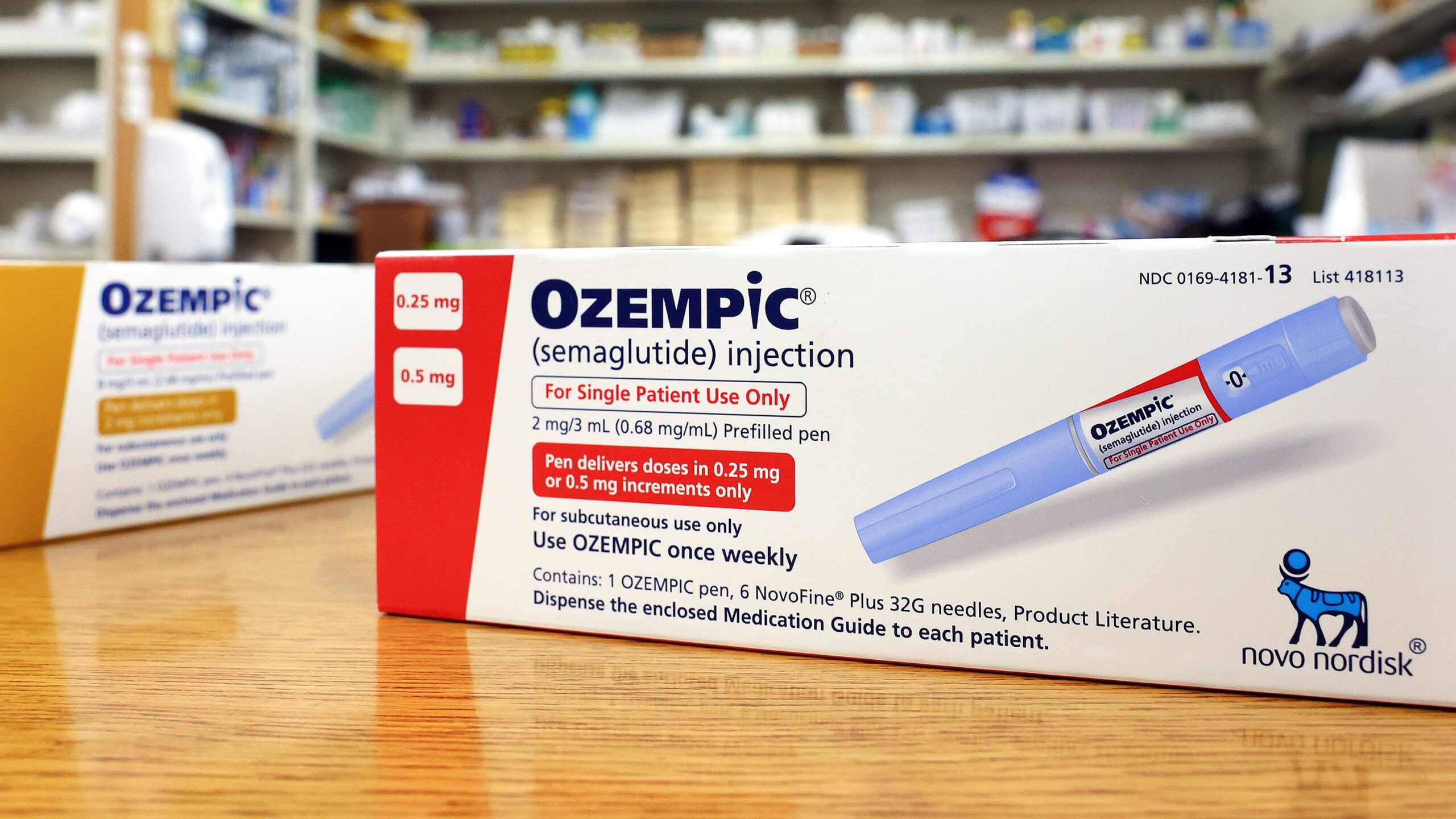 Boxes of the diabetes drug Ozempic rest on a pharmacy counter on April 17