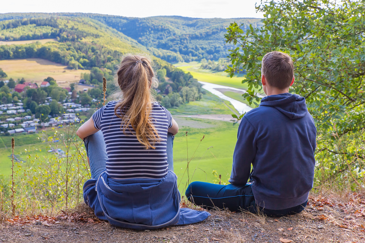 Mother and son viewing german landscape