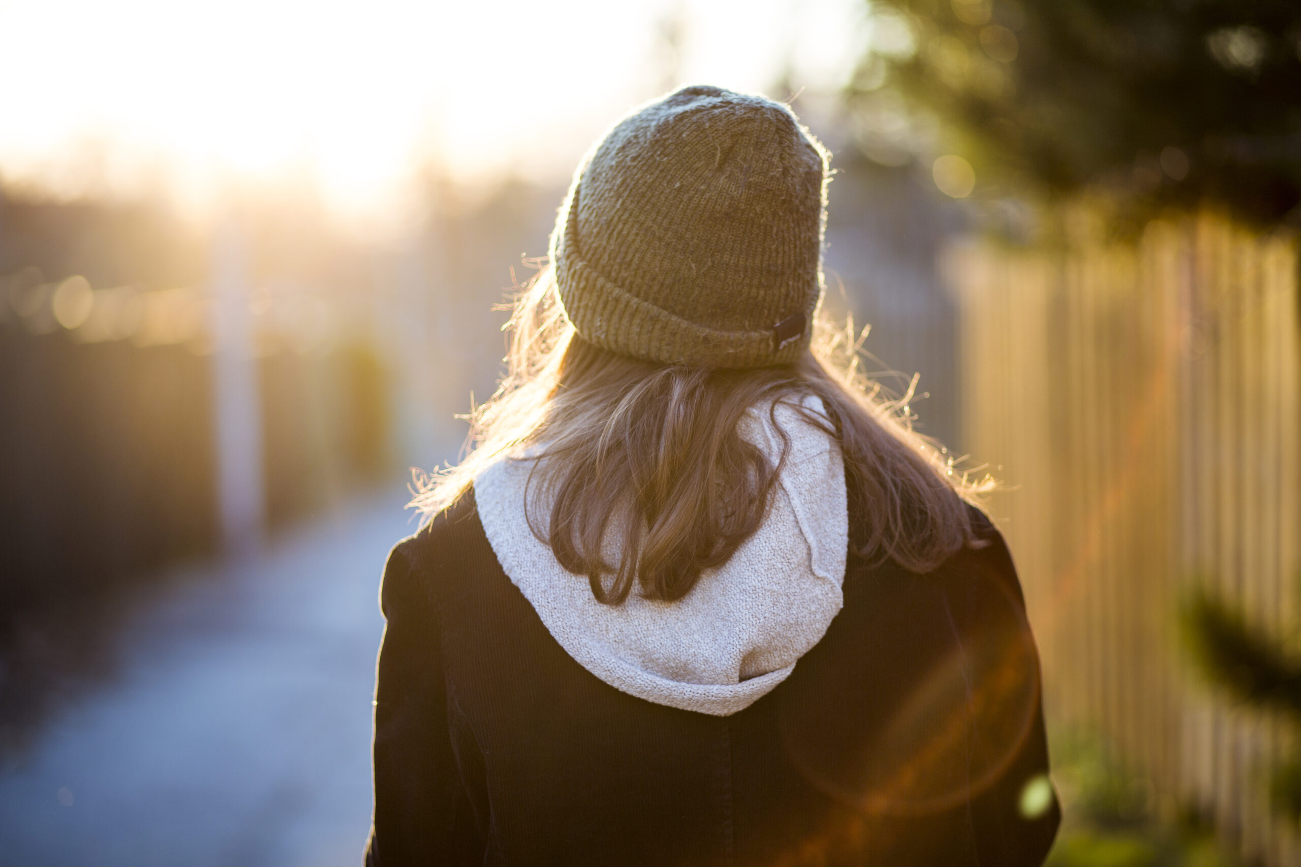 Rear view of a young woman at sunset