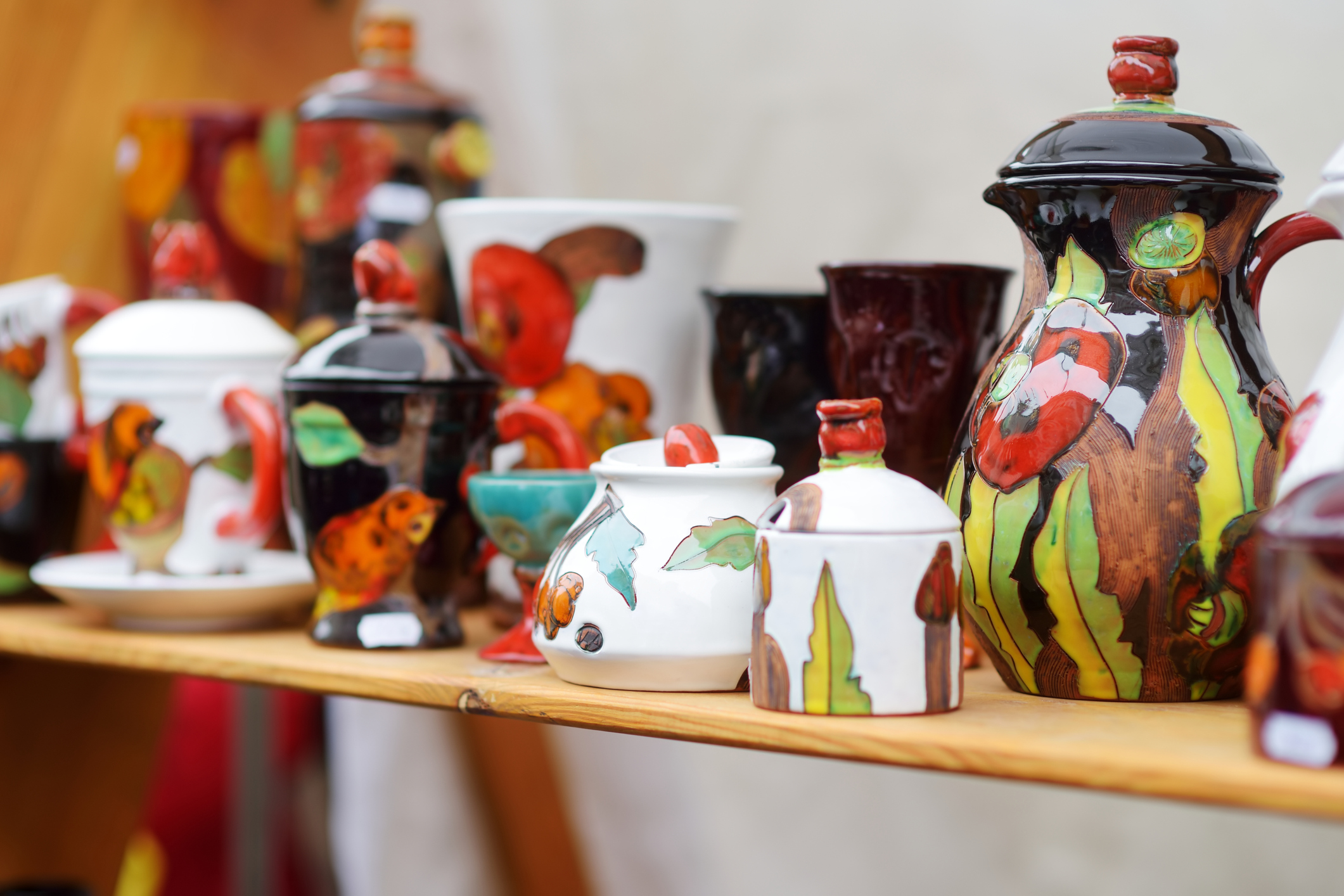 Ceramic dishes, tableware and jugs sold on Easter market in Vilnius