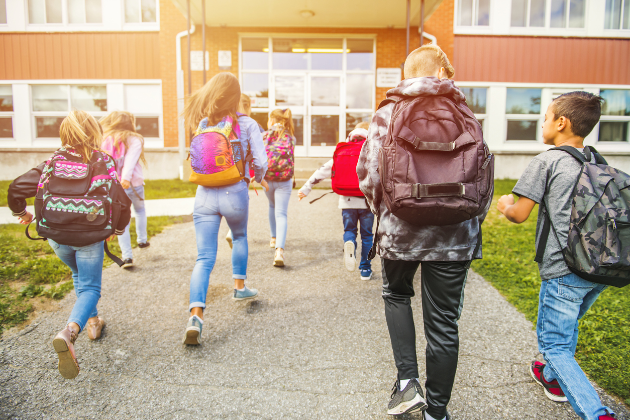 group of kids go to the school, Back view