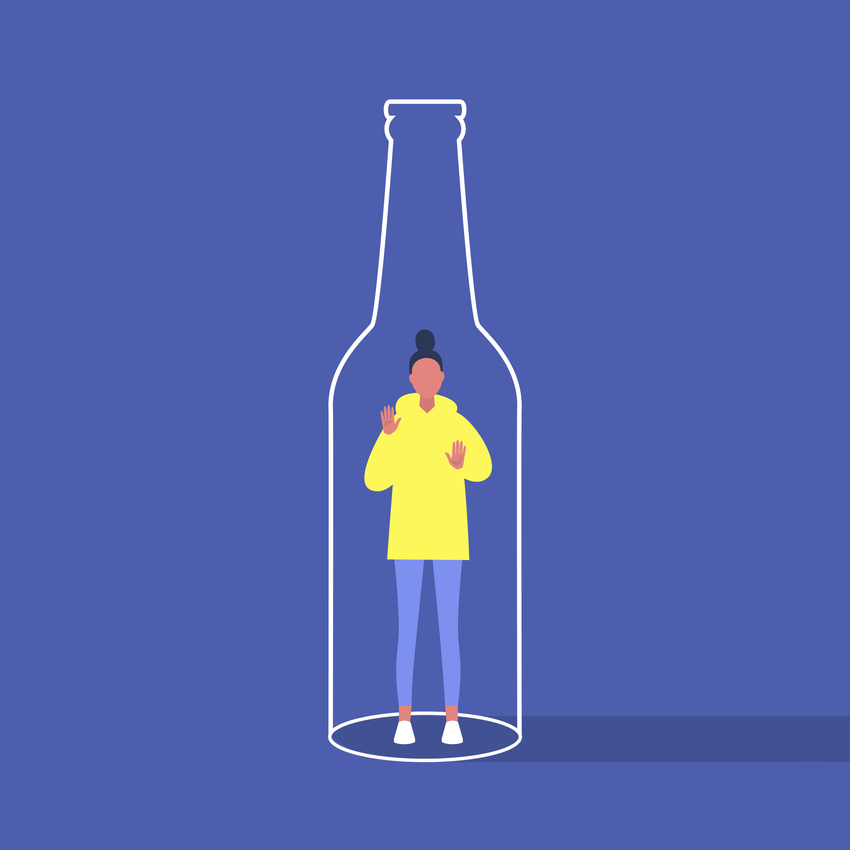 Alcohol and addiction, Young female character trapped inside a bottle, health problems