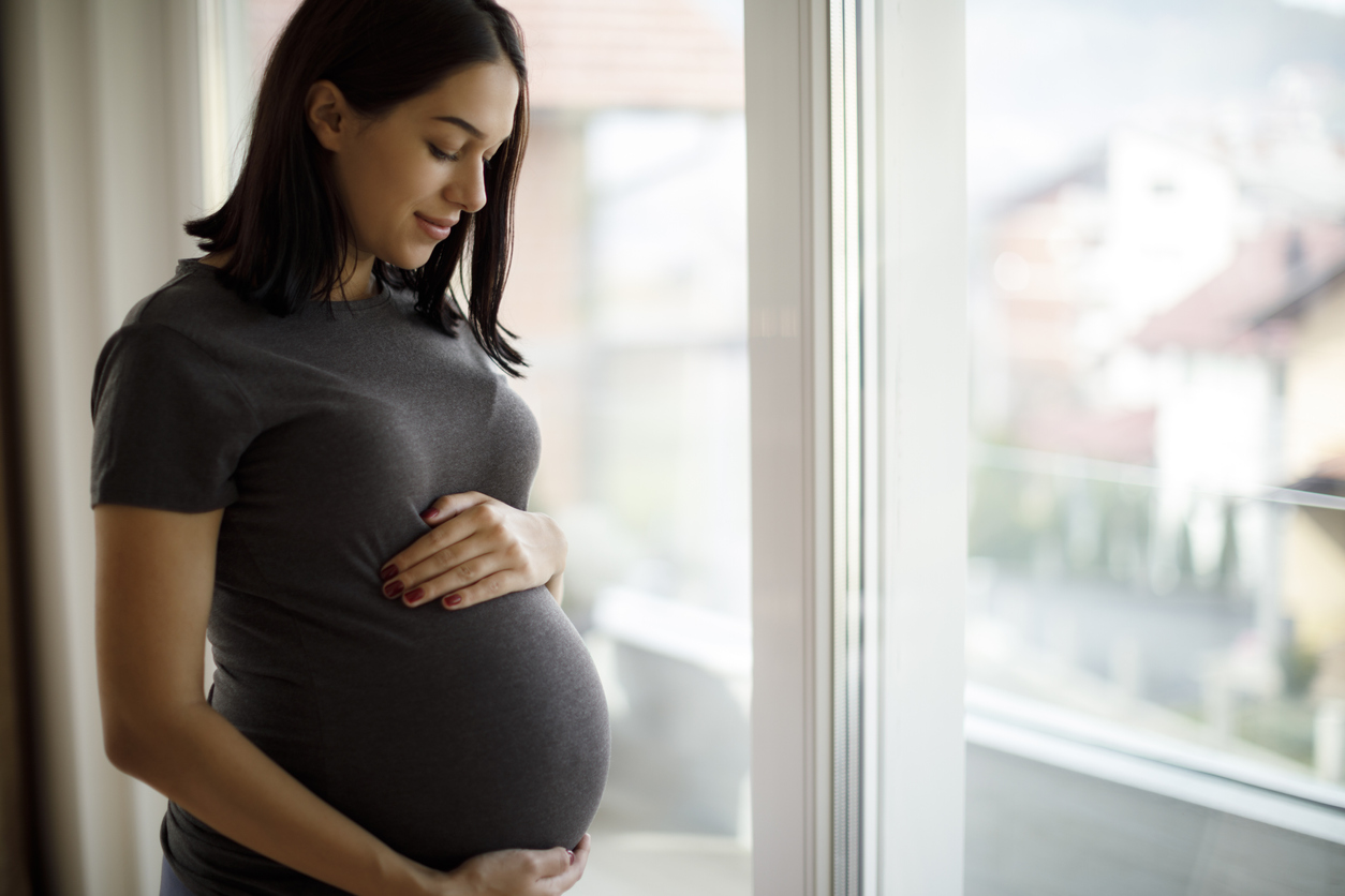 Portrait of young happy pregnant woman standing by the window