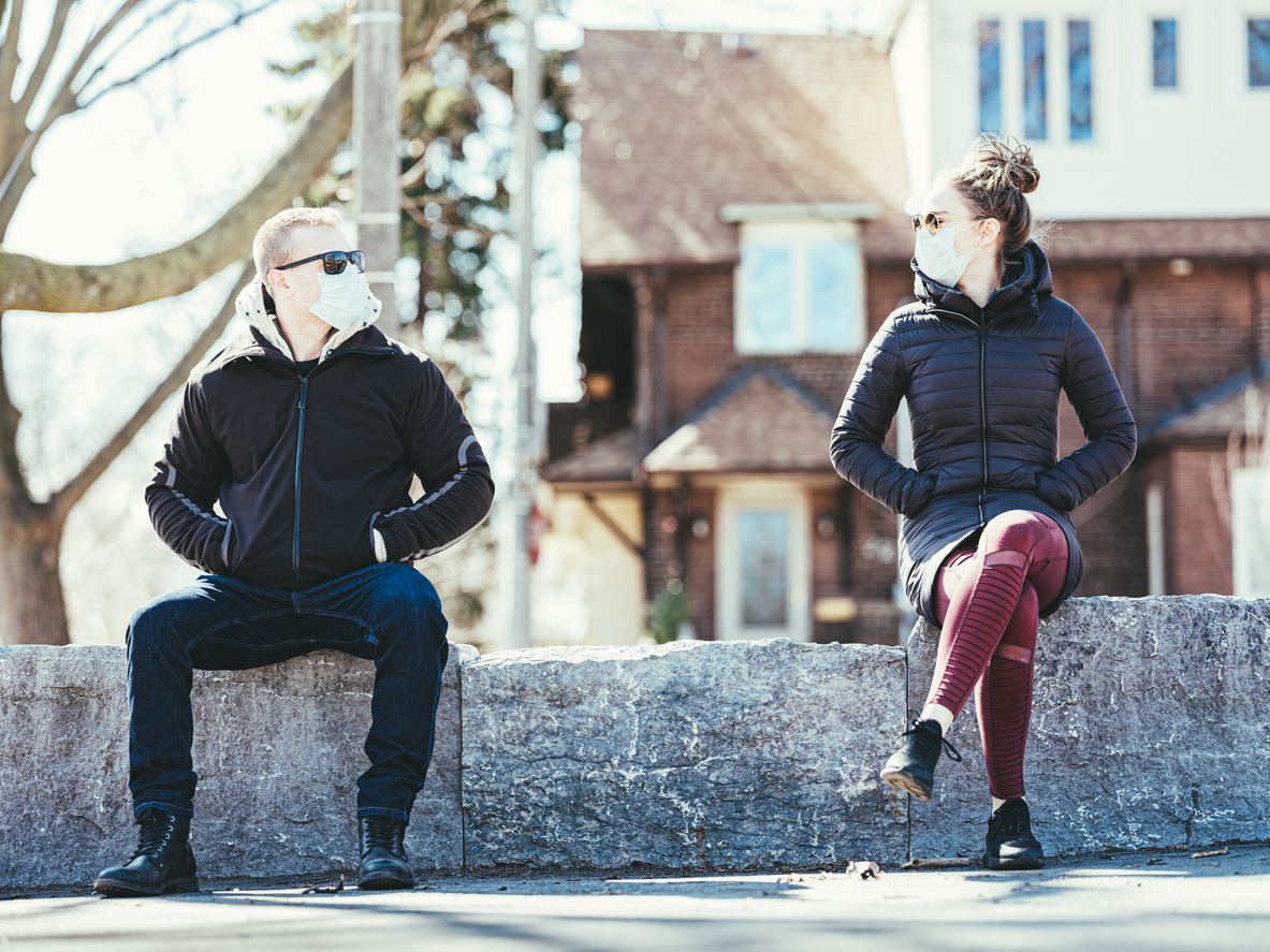 COVID-19, Young couple meeting outside