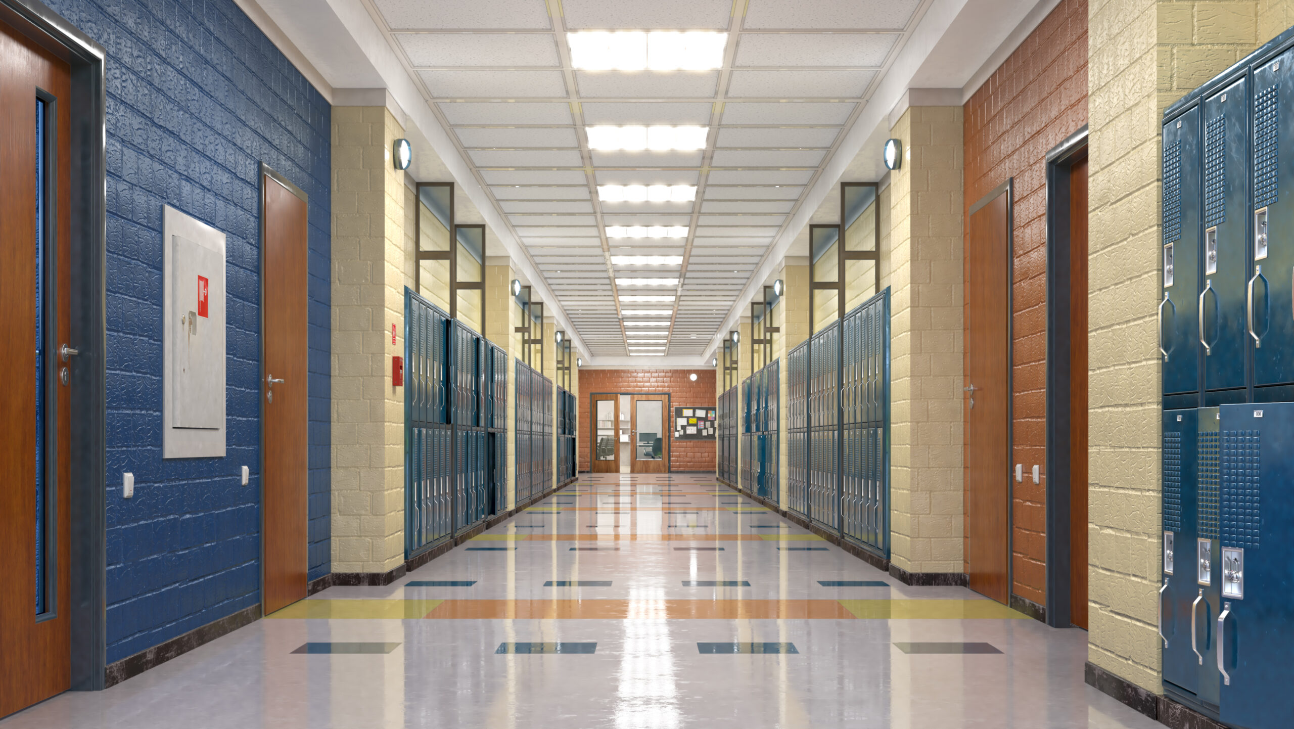 School corridor with lockers. 3d illustration