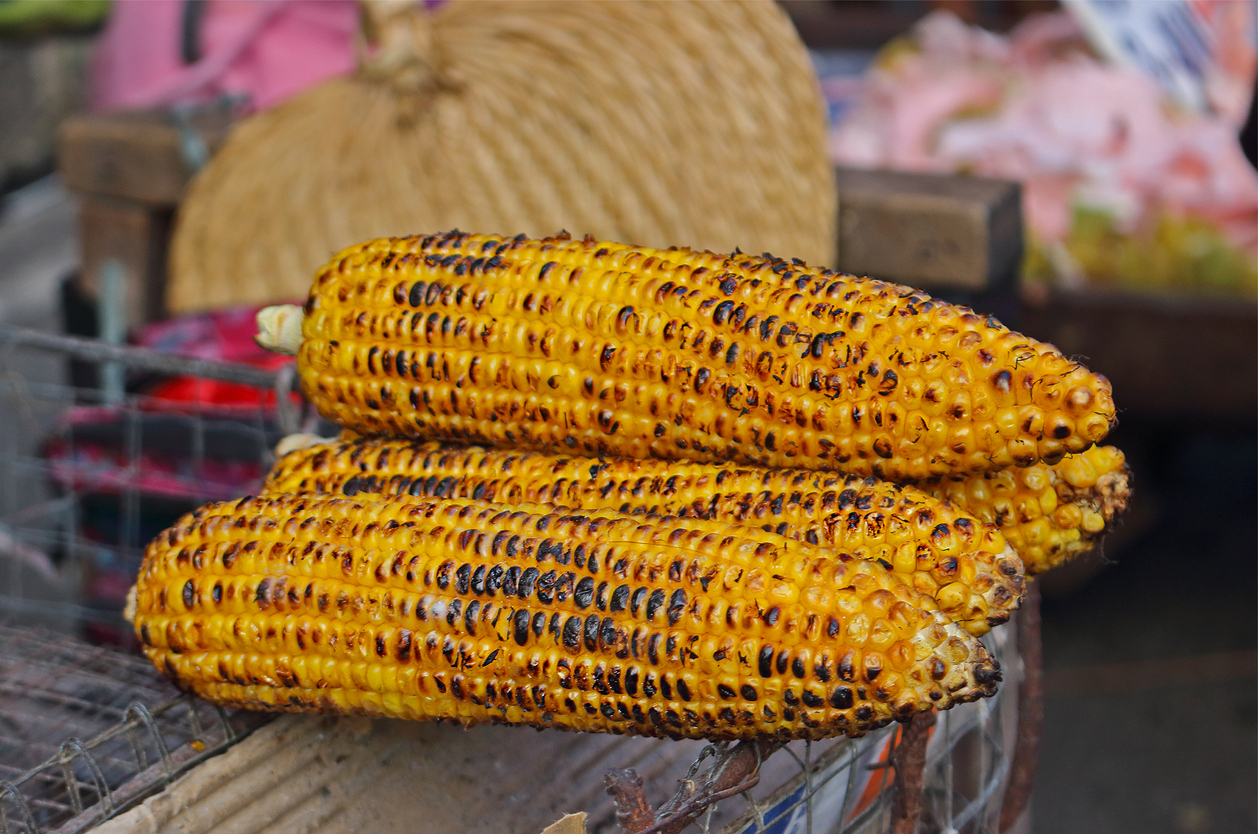 Roasted sweet cobs of corn cooking on bbq. Popular street food in Asia. Grilled vegetable on fire.