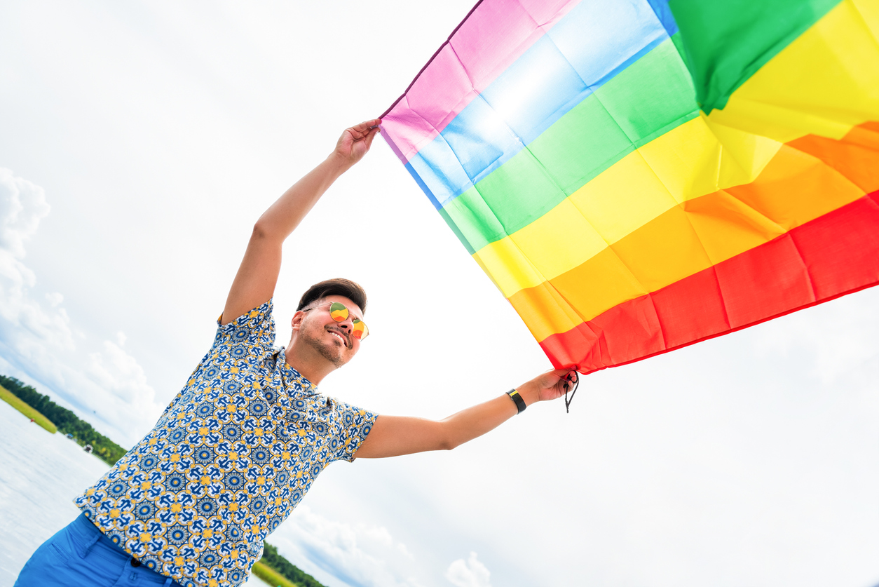 young pretty gay man smile and hold rainbow flag