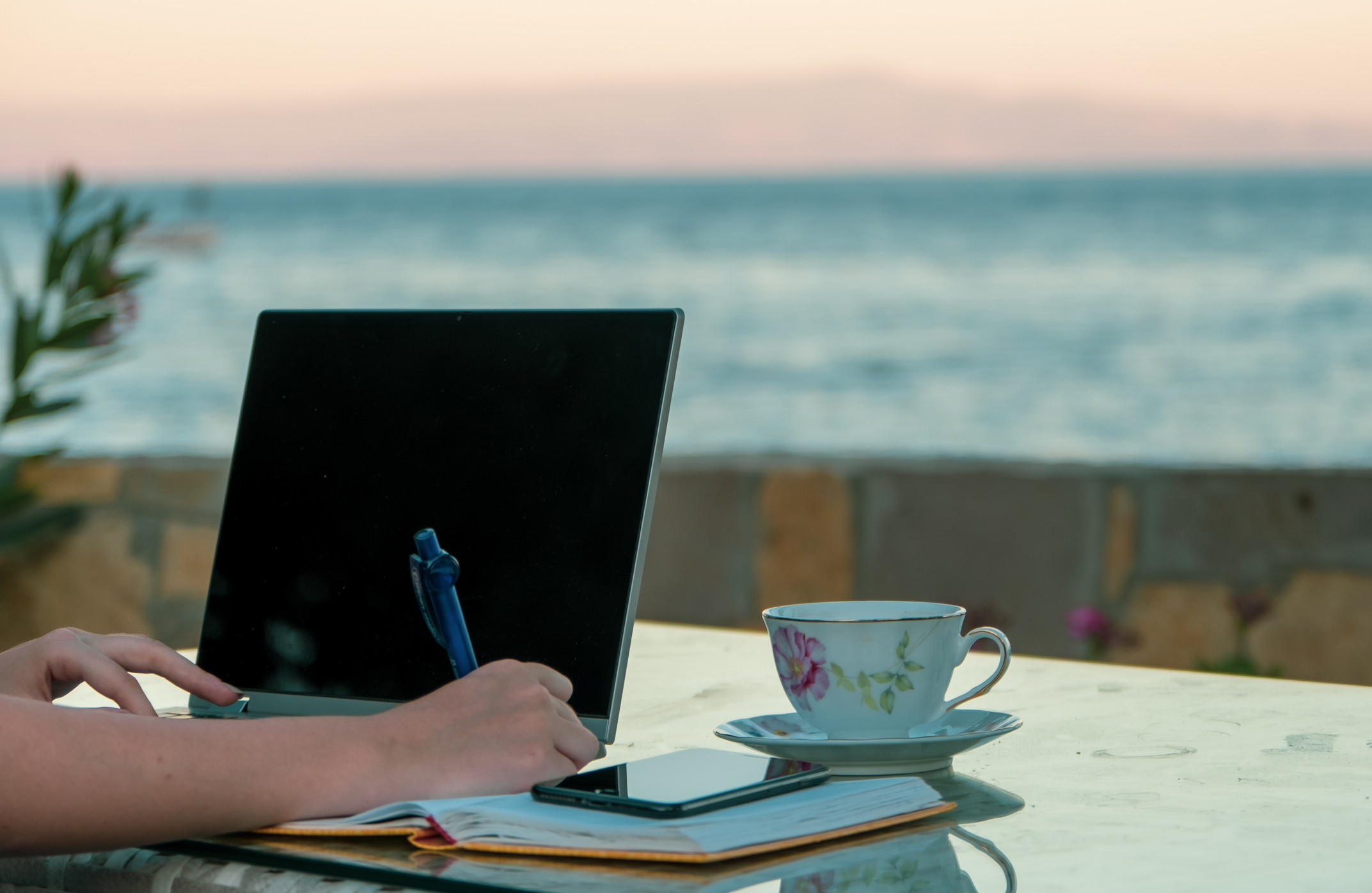 Woman work in vacation remotely