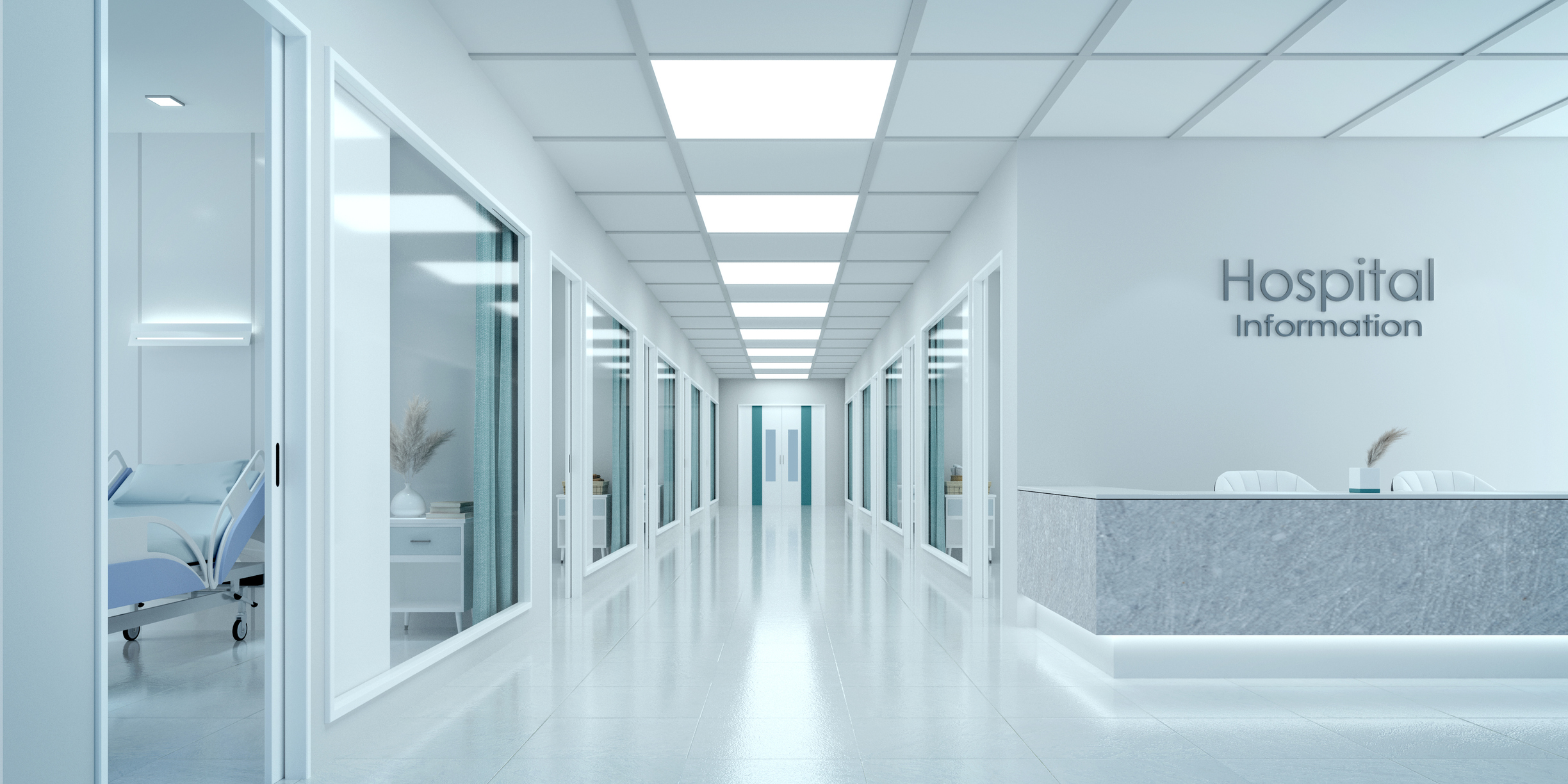 Empty corridor in modern hospital with information counter and hospital bed in rooms.3d rendering