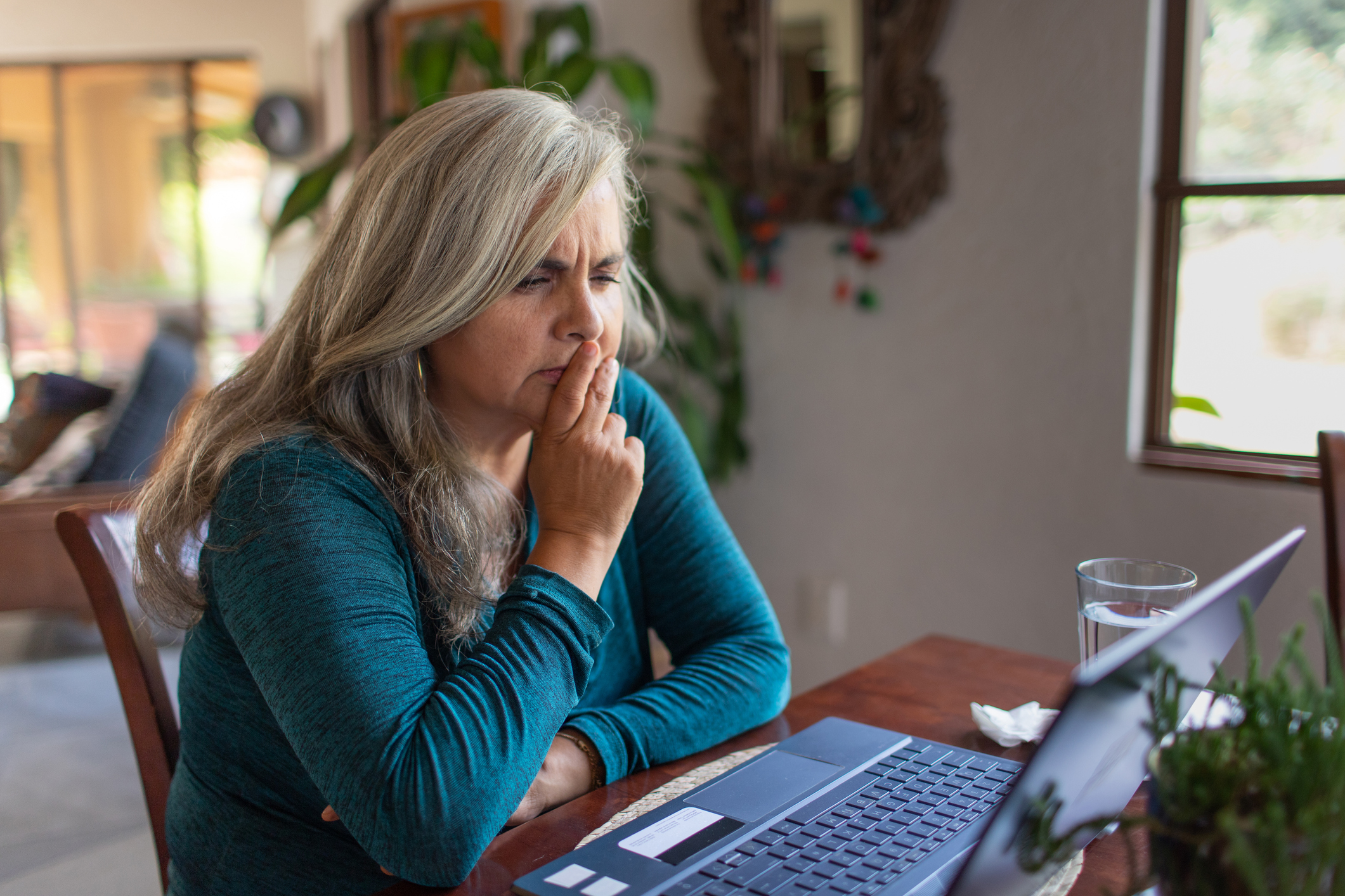 Mature woman with long gray hair  working on laptop from home, focused, serious